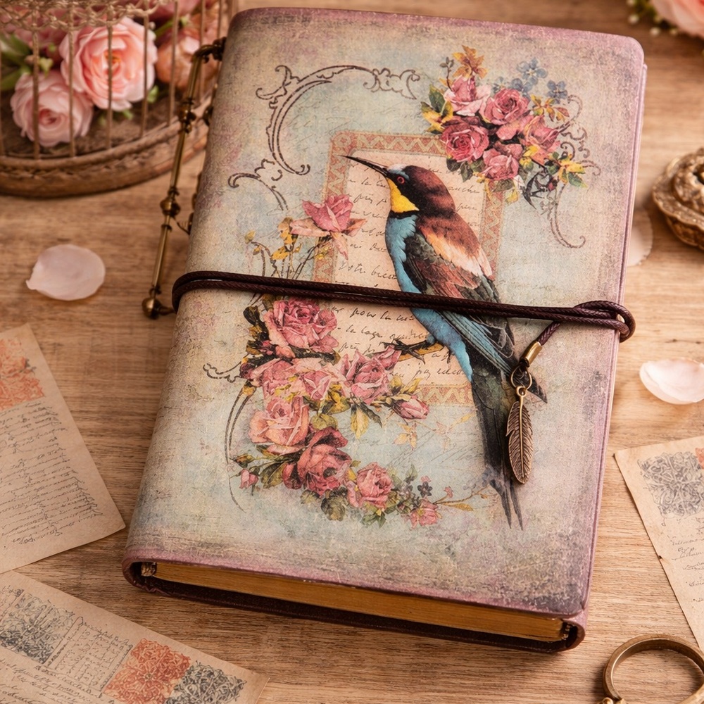 Vintage Bird Floral Journal Notebook • Cottagecore Aesthetic Refillable Planner - Picture 1 of 6
